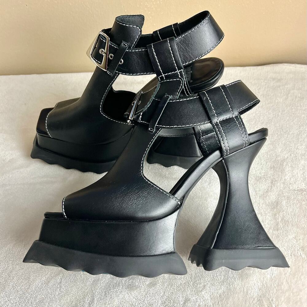 John Fluevog Munster Max Daisy T-Strap Platform Heels in Black